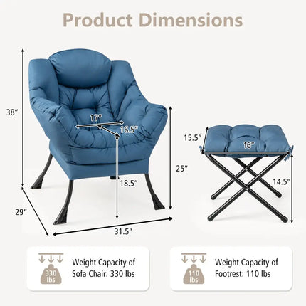 Modern Accent Sofa Chair with Folding Footrest and Side Pocket-Navy - Navy - Accent Chairs