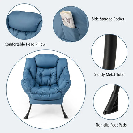 Modern Accent Sofa Chair with Folding Footrest and Side Pocket-Navy - Navy - Accent Chairs