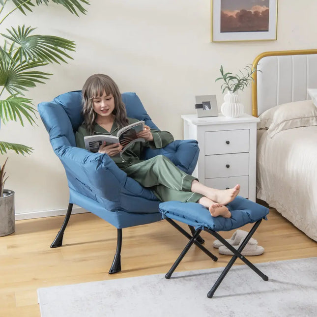 Modern Accent Sofa Chair with Folding Footrest and Side Pocket-Navy - Navy - Accent Chairs