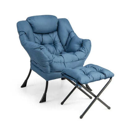 Modern Accent Sofa Chair with Folding Footrest and Side Pocket-Navy - Navy - Accent Chairs