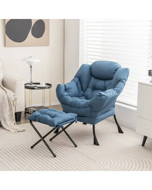Modern Accent Sofa Chair with Folding Footrest and Side Pocket-Navy - Navy - Accent Chairs