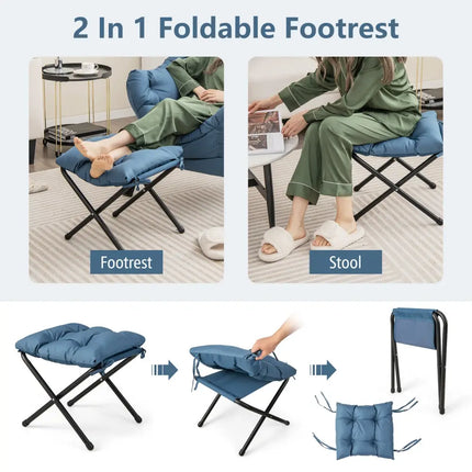 Modern Accent Sofa Chair with Folding Footrest and Side Pocket-Navy - Navy - Accent Chairs