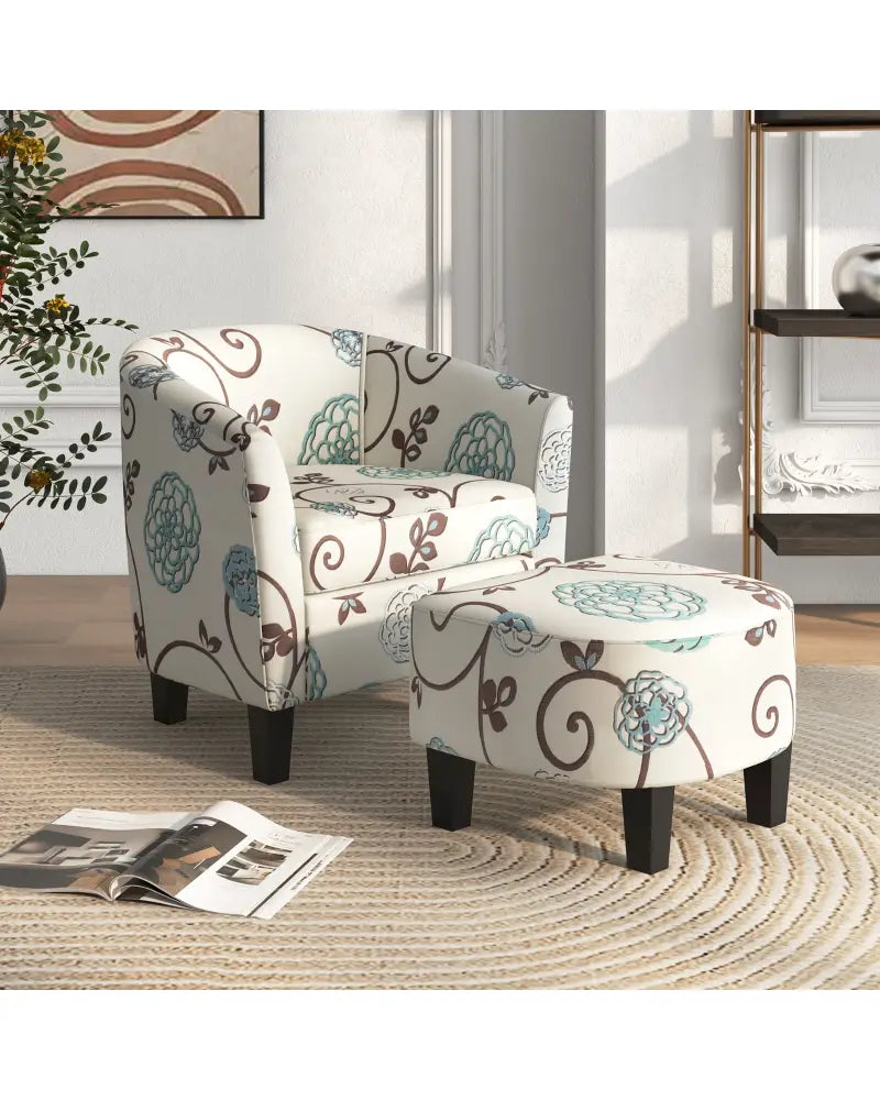 Modern Accent Tub Chair and Ottoman Set with Fabric Upholstered-Beige - Beige - Accent Chairs