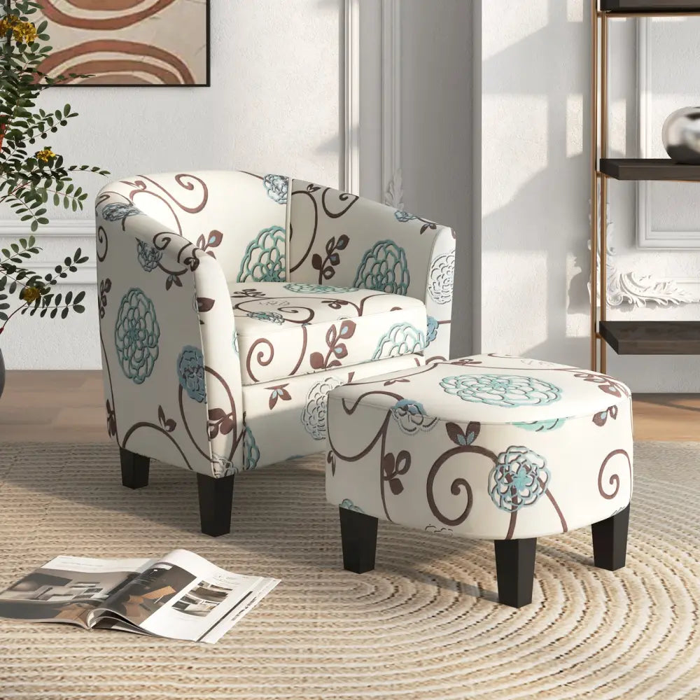 Modern Accent Tub Chair and Ottoman Set with Fabric Upholstered-Beige - Beige - Accent Chairs