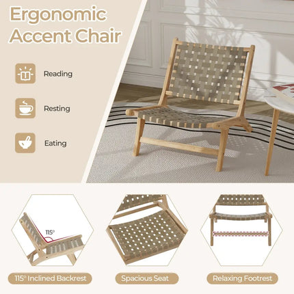 Modern Armless Teak Wood Lounge Chair with Nylon Woven Backrest and Seat-Brown - Brown - Patio Dining Chairs