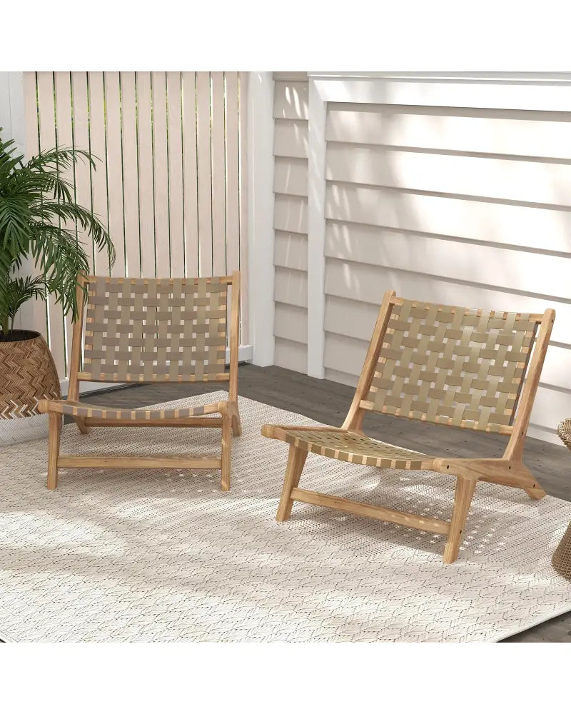 Modern Armless Teak Wood Lounge Chair with Nylon Woven Backrest and Seat-Brown - Brown - Patio Dining Chairs