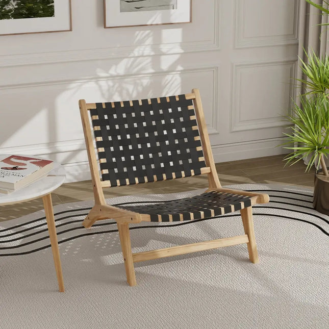 Modern Armless Teak Wood Lounge Chair with Nylon Woven Backrest and Seat-Black - Black - Patio Dining Chairs