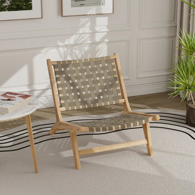 Modern Armless Teak Wood Lounge Chair with Nylon Woven Backrest and Seat-Brown - Brown - Patio Dining Chairs