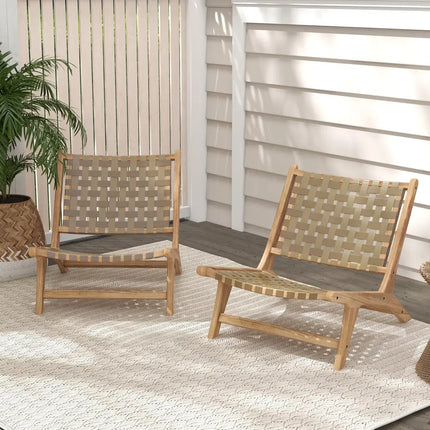 Modern Armless Teak Wood Lounge Chair with Nylon Woven Backrest and Seat-Brown - Brown - Patio Dining Chairs