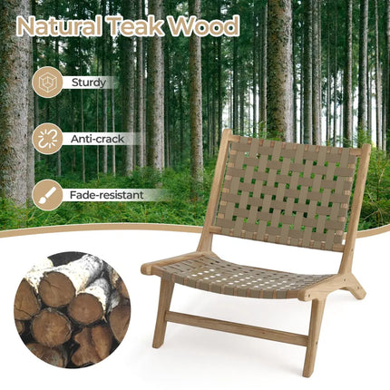 Modern Armless Teak Wood Lounge Chair with Nylon Woven Backrest and Seat-Brown - Brown - Patio Dining Chairs