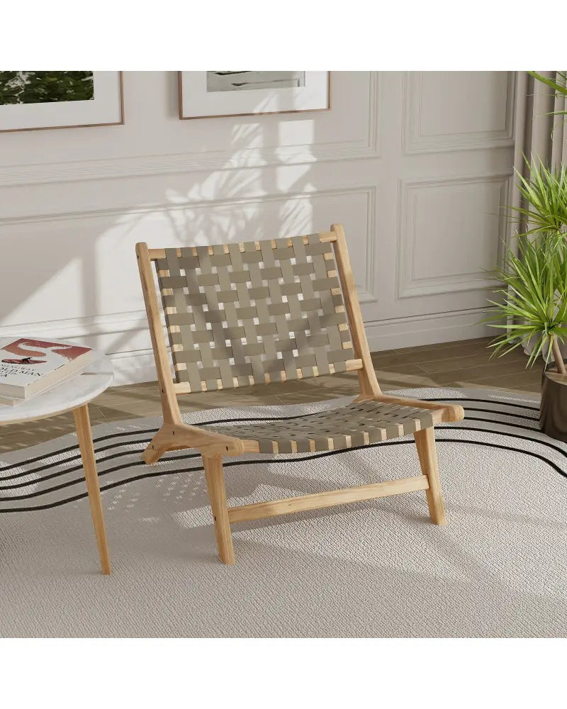 Modern Armless Teak Wood Lounge Chair with Nylon Woven Backrest and Seat-Brown - Brown - Patio Dining Chairs