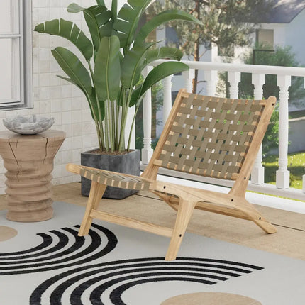 Modern Armless Teak Wood Lounge Chair with Nylon Woven Backrest and Seat-Brown - Brown - Patio Dining Chairs