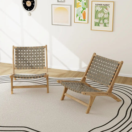 Modern Armless Teak Wood Lounge Chair with Nylon Woven Backrest and Seat-Brown - Brown - Patio Dining Chairs