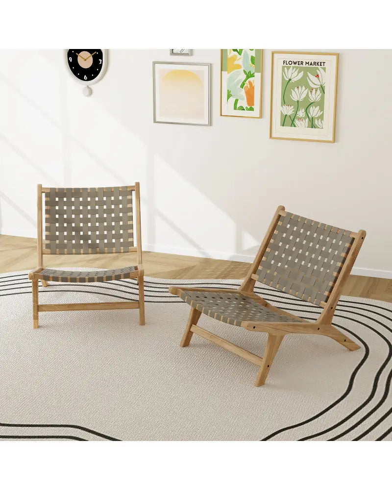 Modern Armless Teak Wood Lounge Chair with Nylon Woven Backrest and Seat-Brown - Brown - Patio Dining Chairs