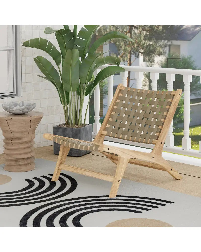 Modern Armless Teak Wood Lounge Chair with Nylon Woven Backrest and Seat-Brown - Brown - Patio Dining Chairs