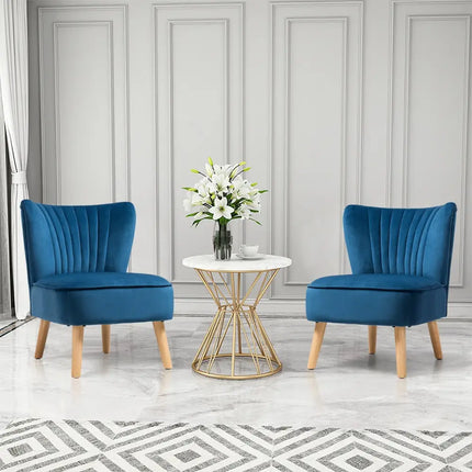 Modern Armless Velvet Accent Chair with Wood Legs-Blue - Blue - Accent Chairs