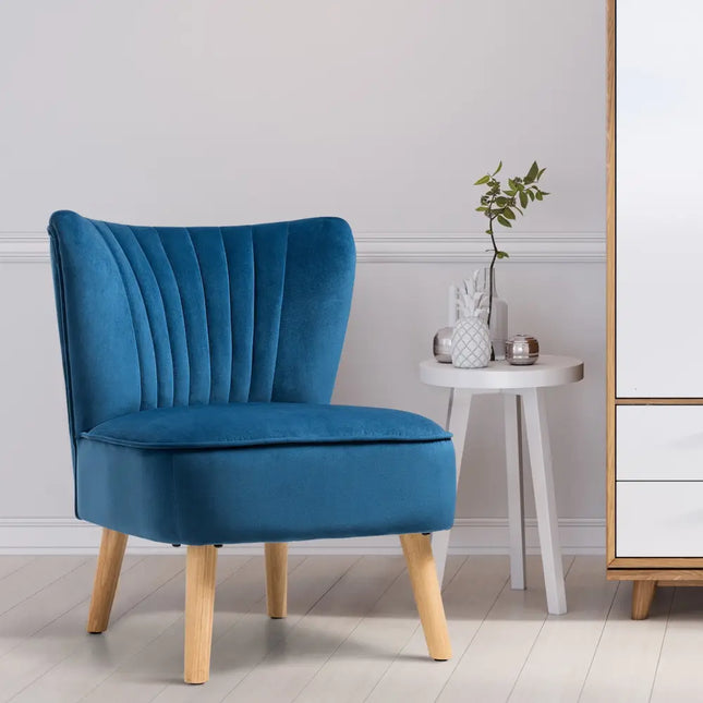 Modern Armless Velvet Accent Chair with Wood Legs-Blue - Blue - Accent Chairs