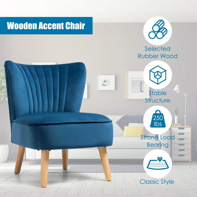 Modern Armless Velvet Accent Chair with Wood Legs-Blue - Blue - Accent Chairs
