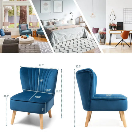 Modern Armless Velvet Accent Chair with Wood Legs-Blue - Blue - Accent Chairs