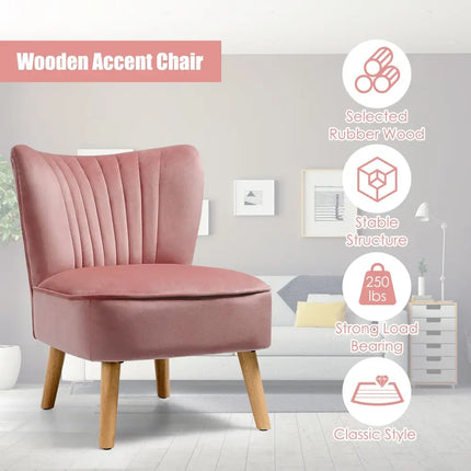Modern Armless Velvet Accent Chair with Wood Legs-Pink - Pink - Accent Chairs