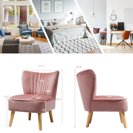 Modern Armless Velvet Accent Chair with Wood Legs-Pink - Pink - Accent Chairs