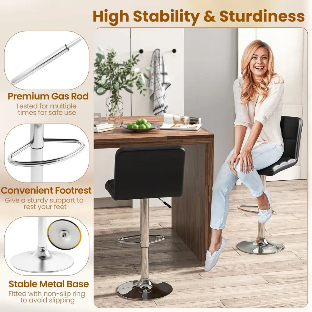 Modern Bat Stools Set of 2 with Back and Heavy-duty Metal Base and Footrest-Black - Black - Bar Stools
