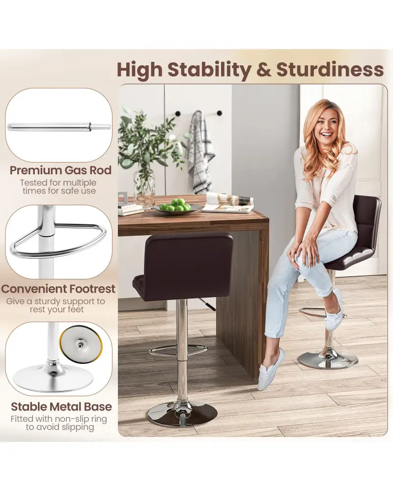 Modern Bat Stools Set of 2 with Back and Heavy-duty Metal Base and Footrest-Brown - Brown - Bar Stools