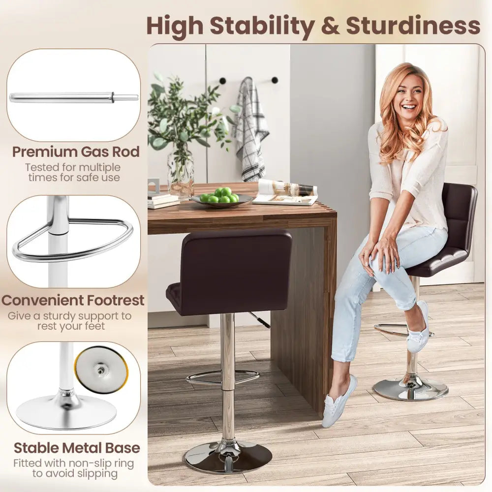 Modern Bat Stools Set of 2 with Back and Heavy-duty Metal Base and Footrest-Brown - Brown - Bar Stools