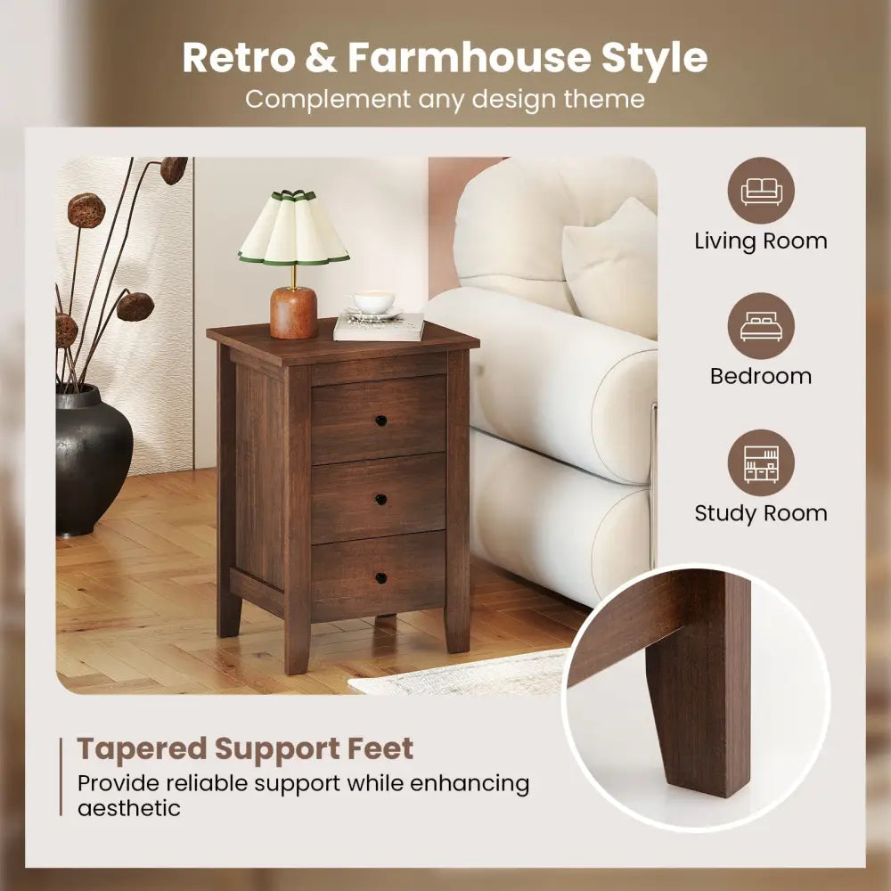 Modern Bedside Cabinet with 3 Drawers for Living Room and Bedroom-Walnut - Walnut - Bedroom
