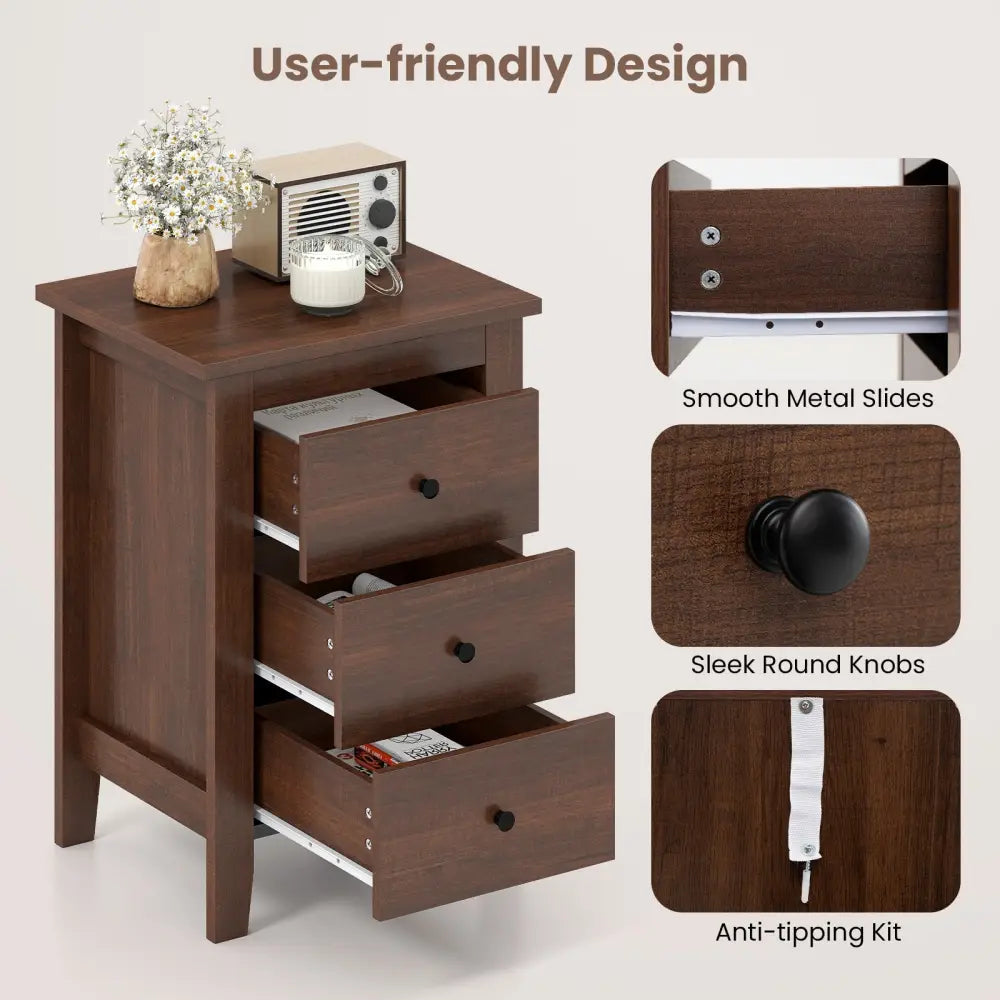Modern Bedside Cabinet with 3 Drawers for Living Room and Bedroom-Walnut - Walnut - Bedroom