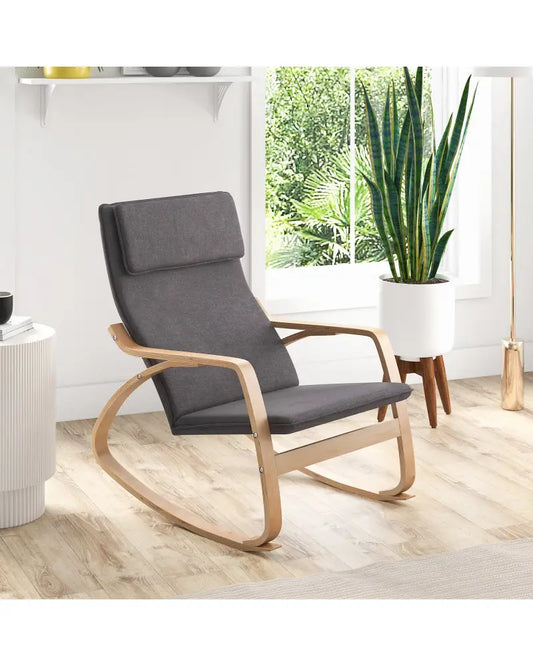 Modern Bentwood Rocking Chair Fabric Upholstered Relax Rocker Lounge Chair-Gray - Gray - Recliners