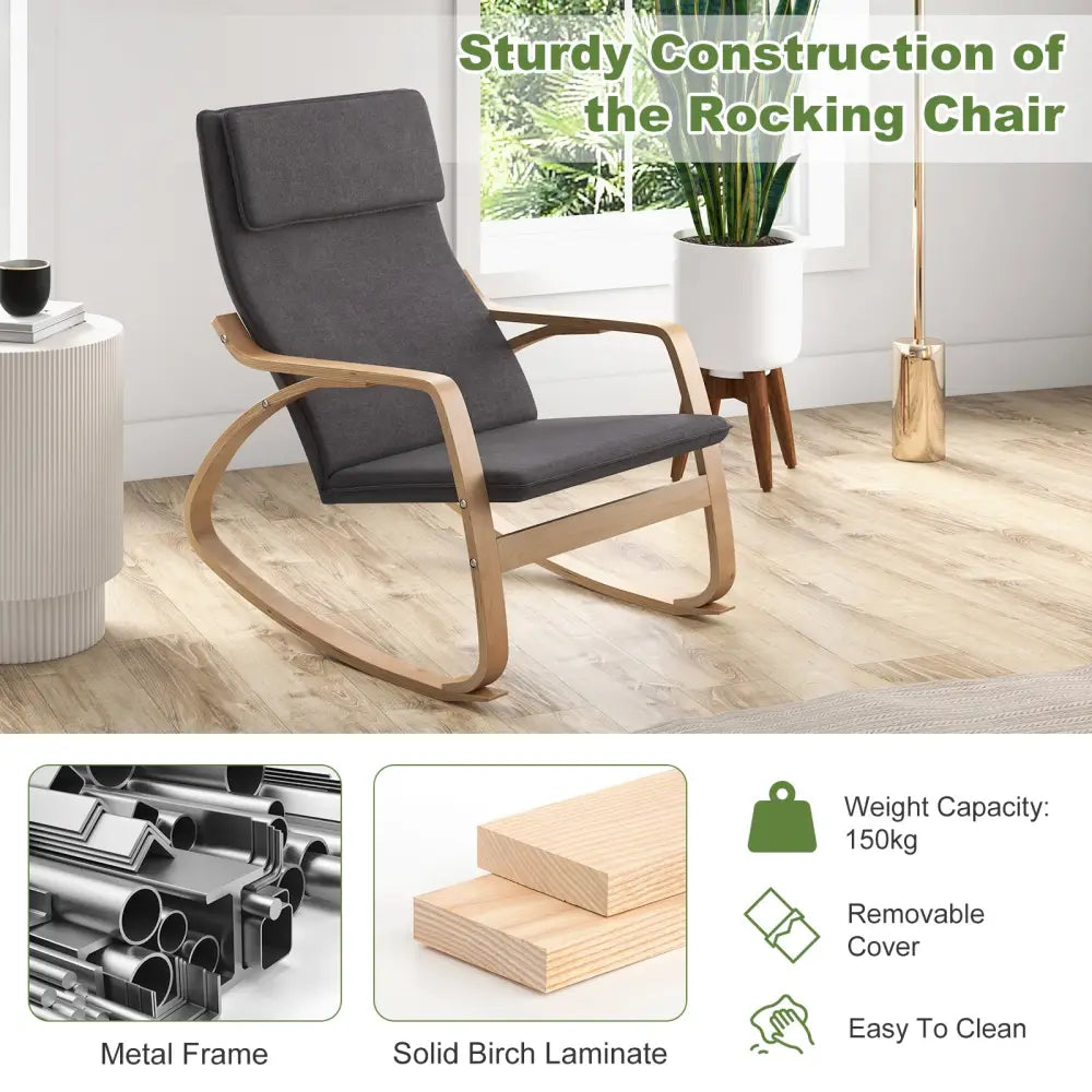 Modern Bentwood Rocking Chair Fabric Upholstered Relax Rocker Lounge Chair-Gray - Gray - Recliners