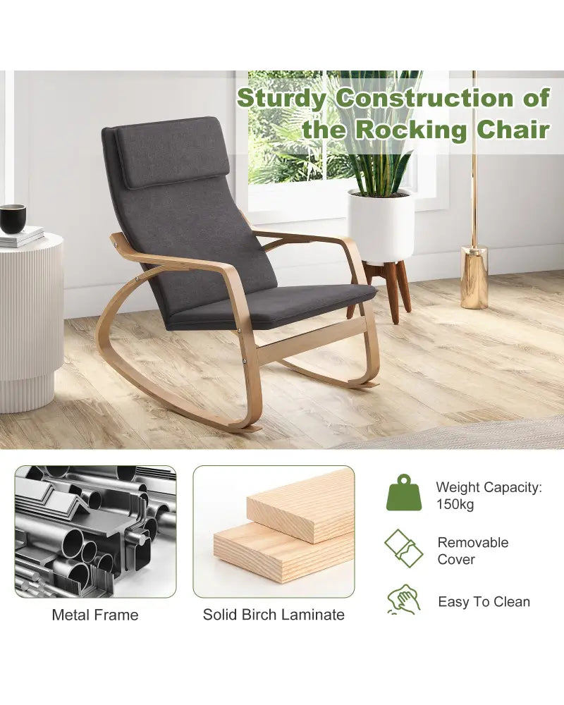 Modern Bentwood Rocking Chair Fabric Upholstered Relax Rocker Lounge Chair-Gray - Gray - Recliners