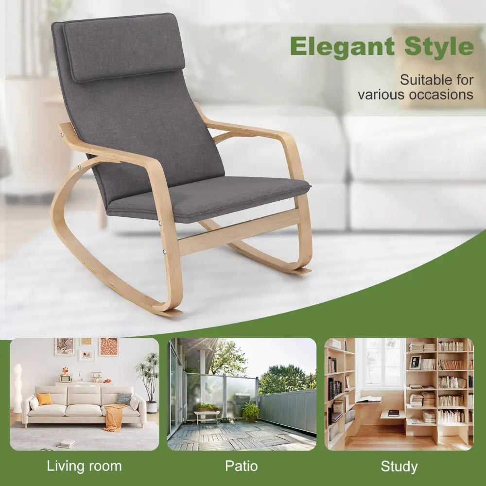 Modern Bentwood Rocking Chair Fabric Upholstered Relax Rocker Lounge Chair-Gray - Gray - Recliners