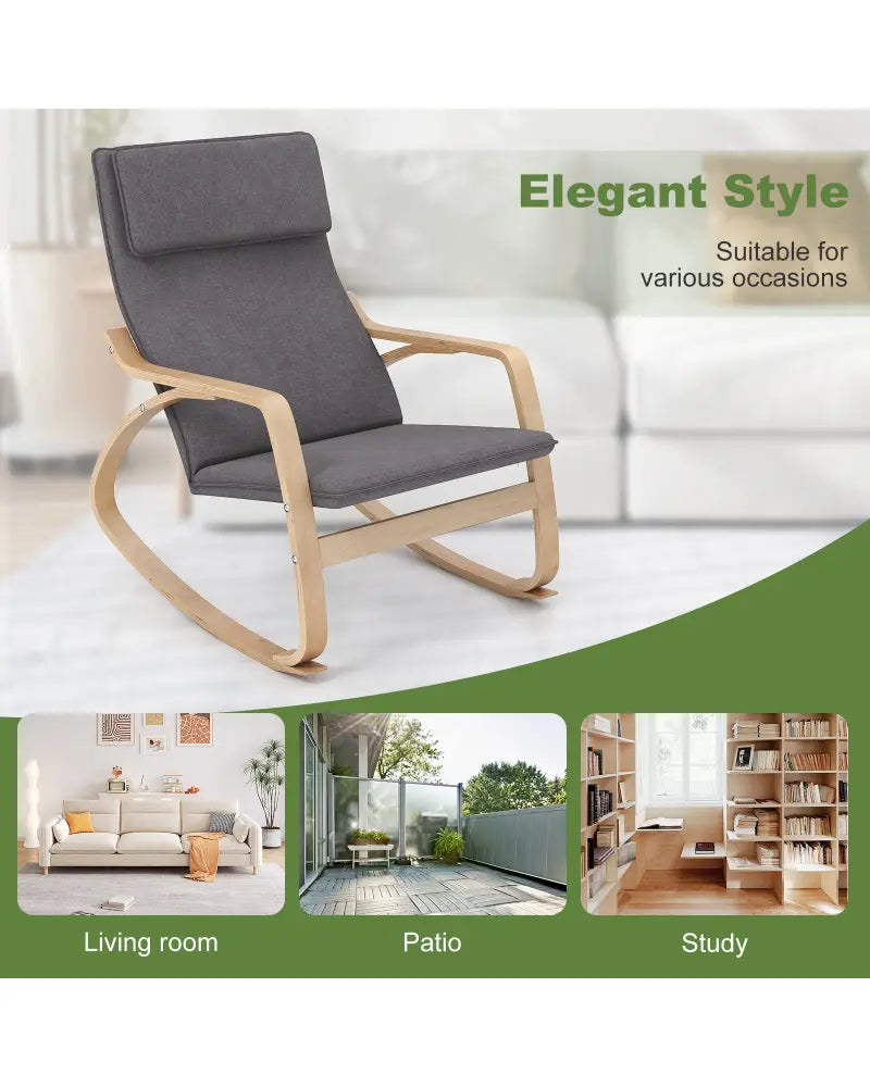 Modern Bentwood Rocking Chair Fabric Upholstered Relax Rocker Lounge Chair-Gray - Gray - Recliners