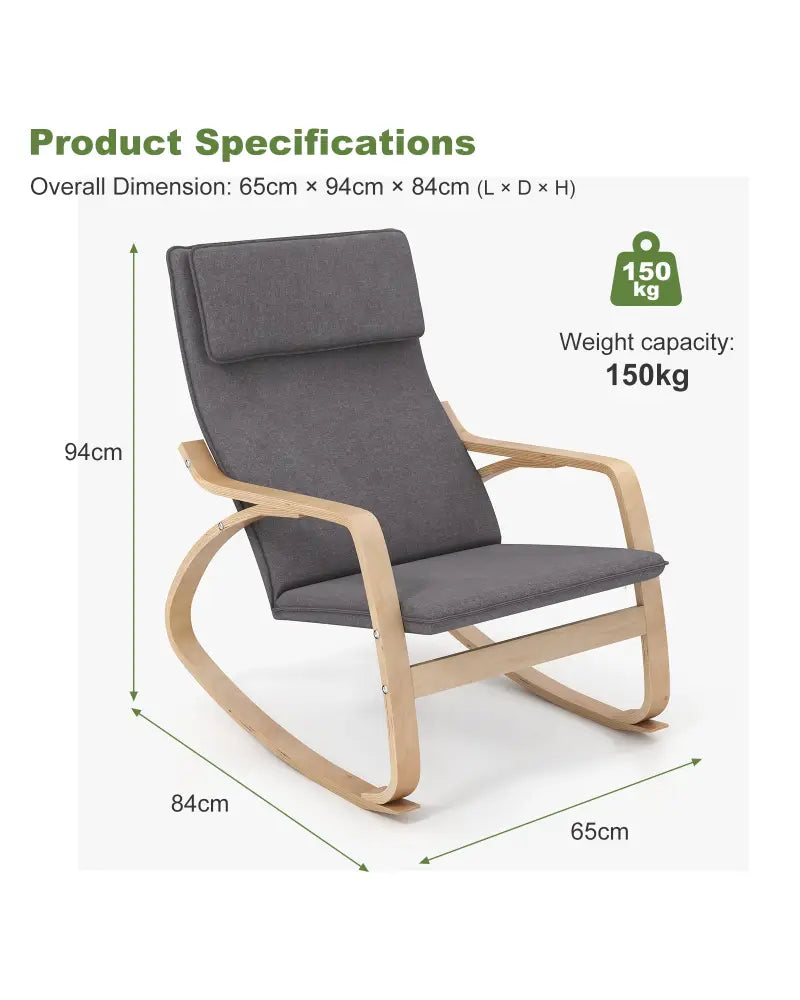 Modern Bentwood Rocking Chair Fabric Upholstered Relax Rocker Lounge Chair-Gray - Gray - Recliners