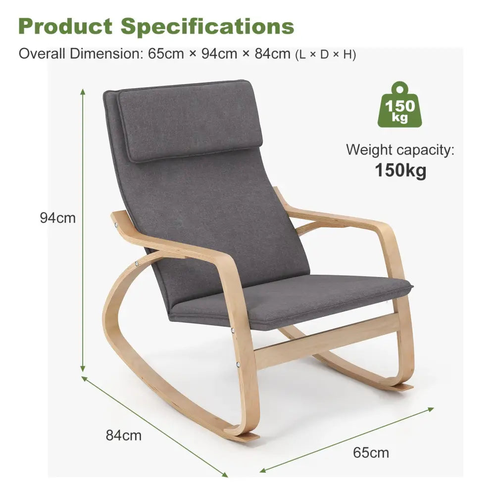 Modern Bentwood Rocking Chair Fabric Upholstered Relax Rocker Lounge Chair-Gray - Gray - Recliners