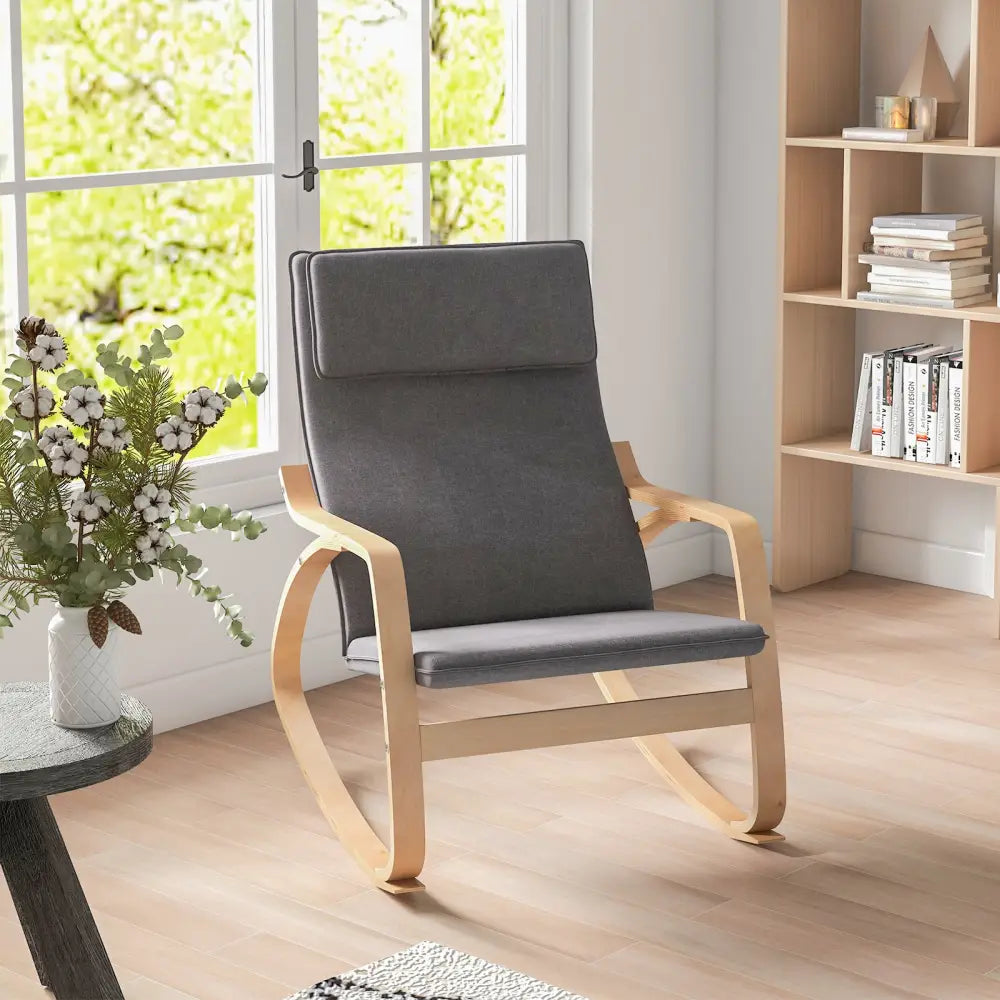 Modern Bentwood Rocking Chair Fabric Upholstered Relax Rocker Lounge Chair-Gray - Gray - Recliners