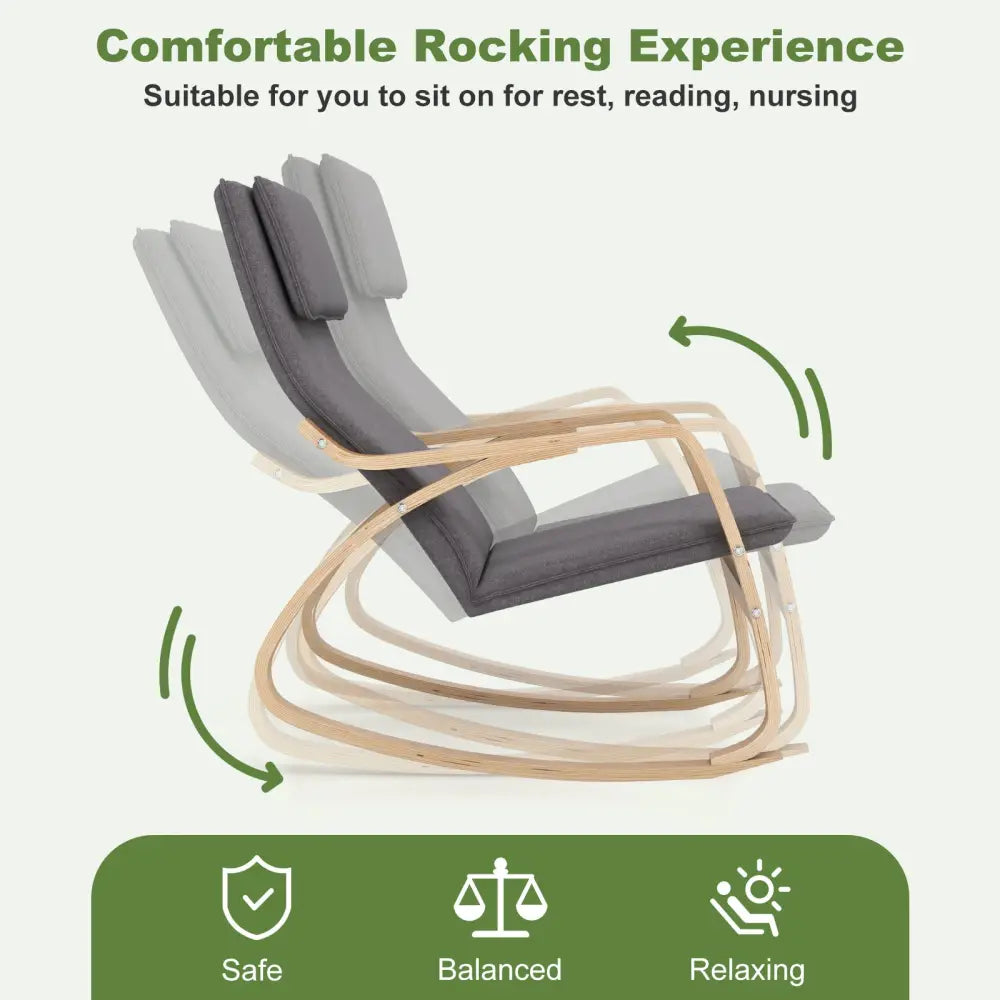 Modern Bentwood Rocking Chair Fabric Upholstered Relax Rocker Lounge Chair-Gray - Gray - Recliners