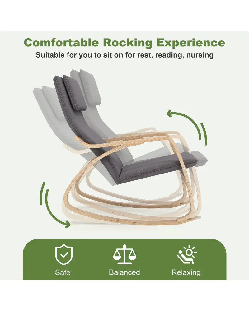 Modern Bentwood Rocking Chair Fabric Upholstered Relax Rocker Lounge Chair-Gray - Gray - Recliners