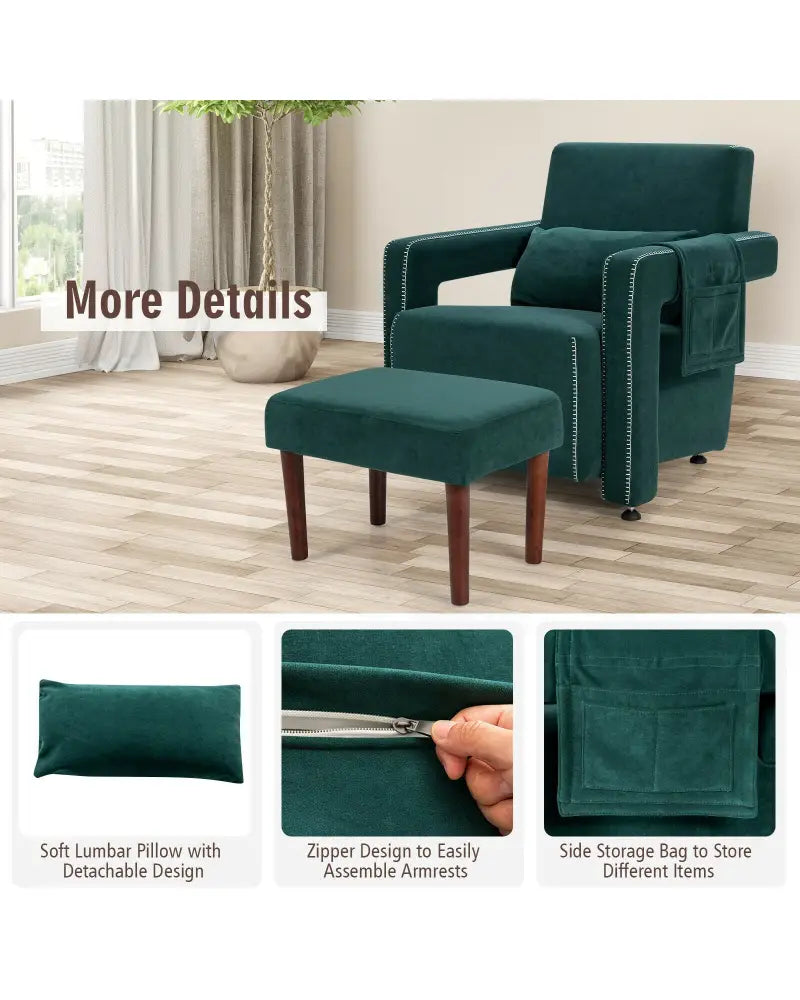 Modern Berber Fleece Single Sofa Chair with Ottoman and Waist Pillow-Green - Green - Accent Chairs