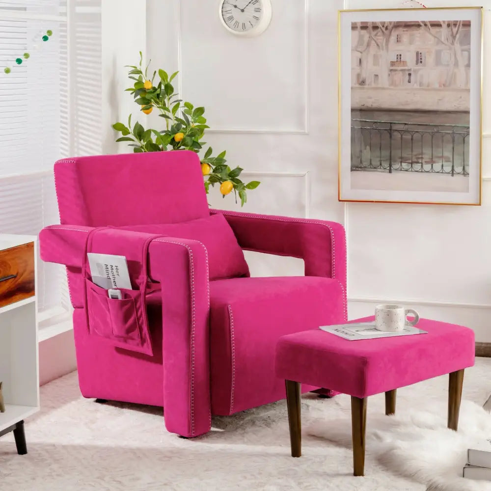 Modern Berber Fleece Single Sofa Chair with Ottoman and Waist Pillow-Red - Red - Accent Chairs