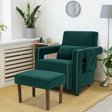 Modern Berber Fleece Single Sofa Chair with Ottoman and Waist Pillow-Green - Green - Accent Chairs