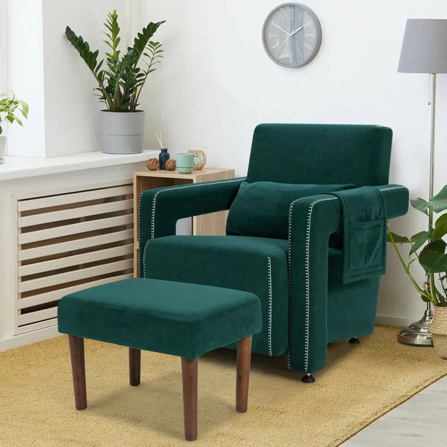 Modern Berber Fleece Single Sofa Chair with Ottoman and Waist Pillow-Green - Green - Accent Chairs