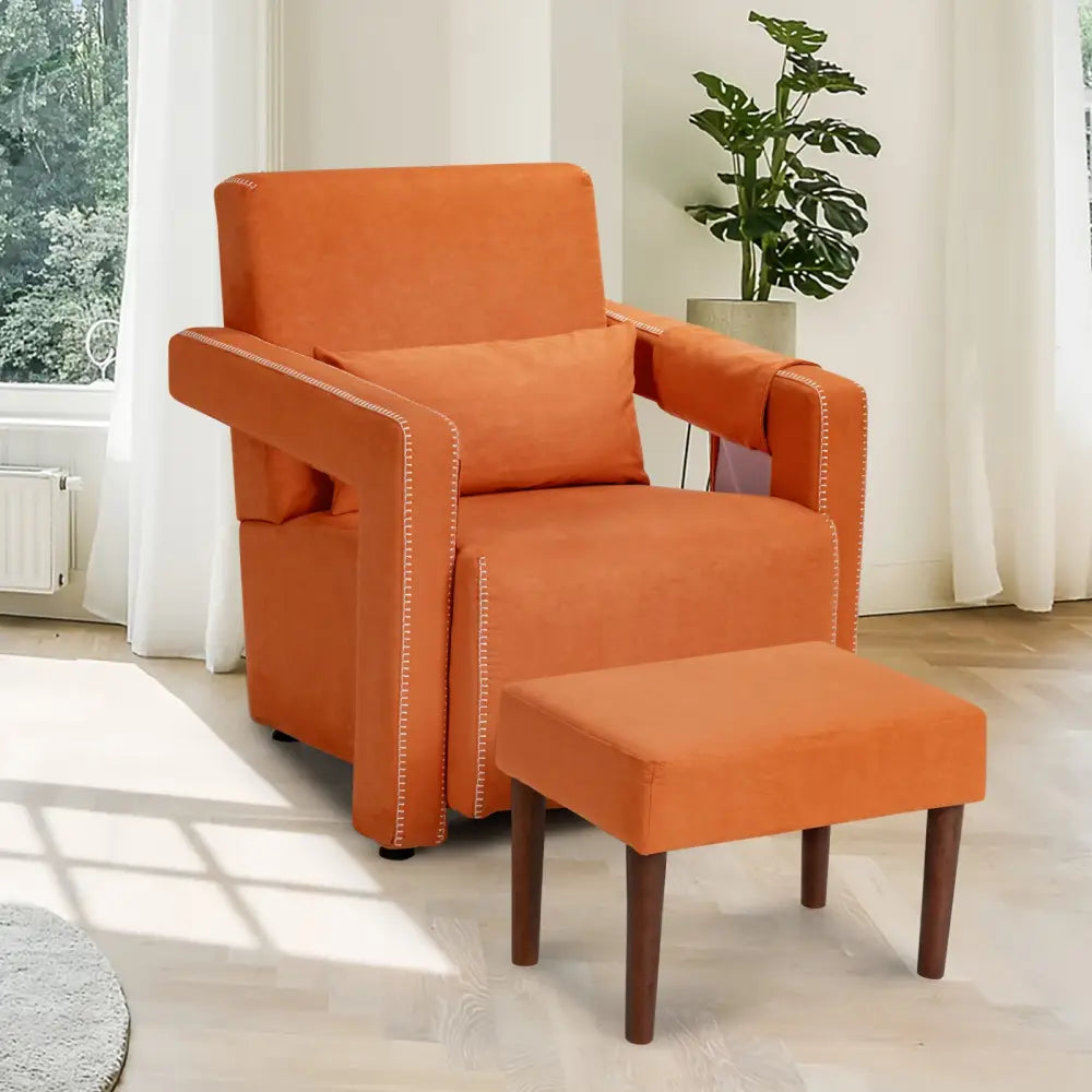 Modern Berber Fleece Single Sofa Chair with Ottoman and Waist Pillow-Orange - Orange - Accent Chairs