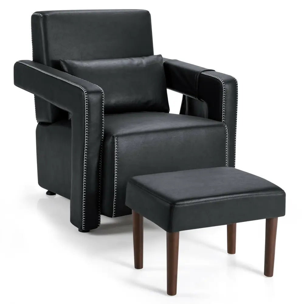 Modern Berber Fleece Single Sofa Chair with Ottoman and Waist Pillow-Black - Black - Accent Chairs