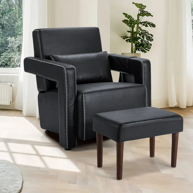 Modern Berber Fleece Single Sofa Chair with Ottoman and Waist Pillow-Black - Black - Accent Chairs