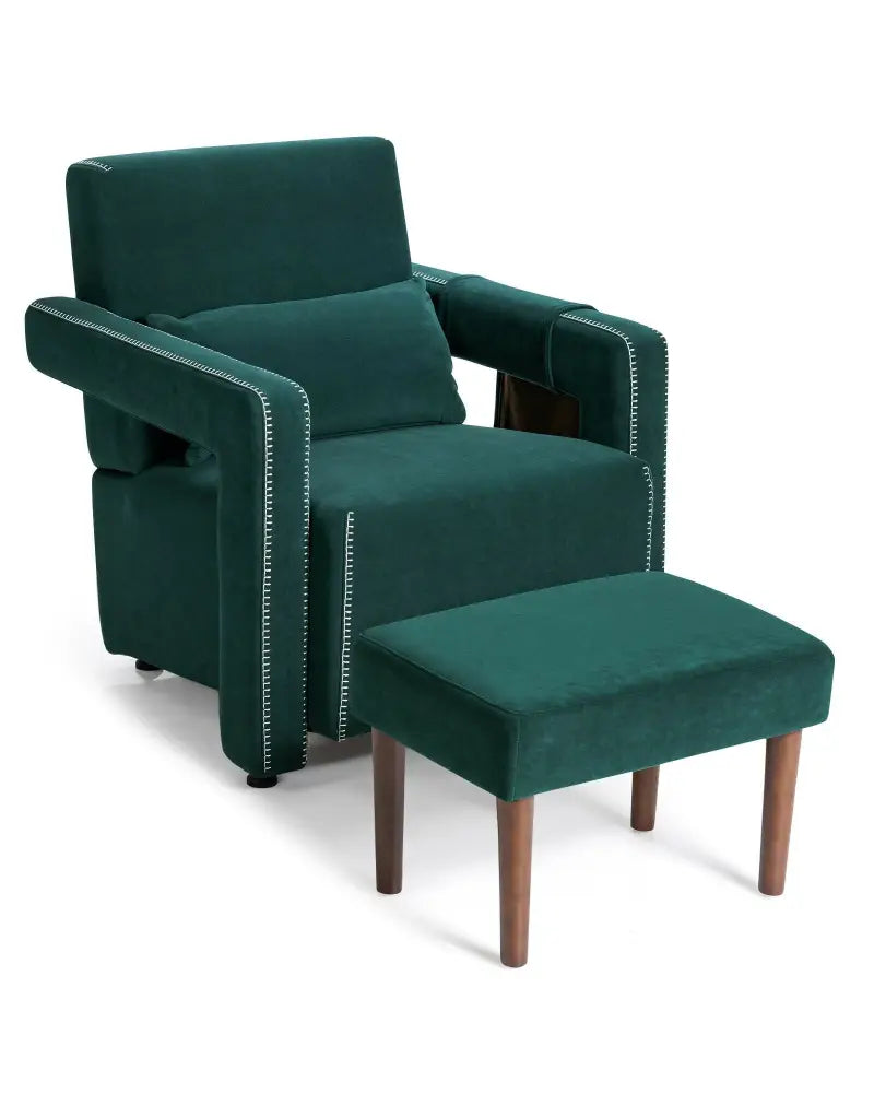Modern Berber Fleece Single Sofa Chair with Ottoman and Waist Pillow-Green - Green - Accent Chairs