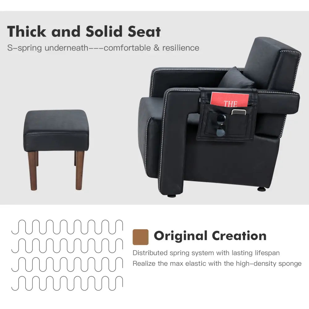 Modern Berber Fleece Single Sofa Chair with Ottoman and Waist Pillow-Black - Black - Accent Chairs