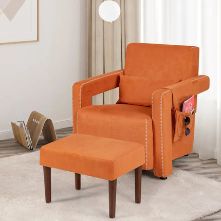 Modern Berber Fleece Single Sofa Chair with Ottoman and Waist Pillow-Orange - Orange - Accent Chairs